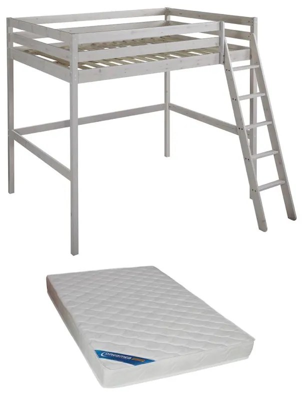 Łóżko antresola GEDEON - 140 × 190 cm - Lite drewno sosnowe - Bielone + materac