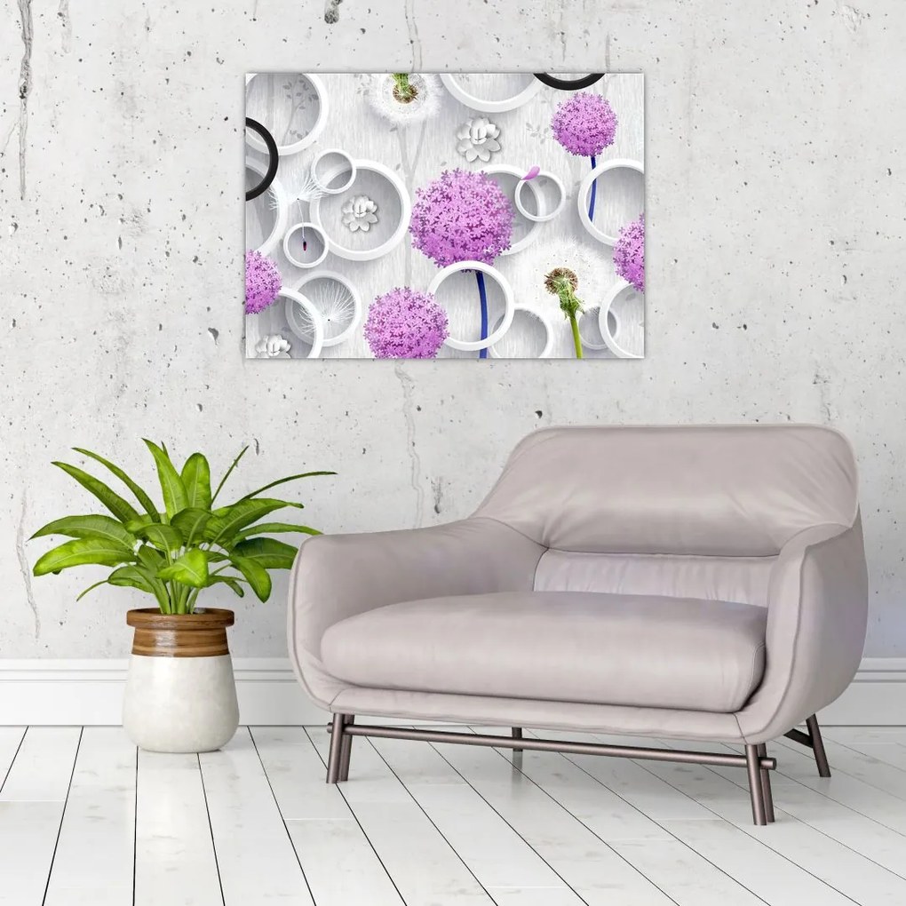 Obraz abstrakcji 3D z kołami i kwiatami (70x50 cm)