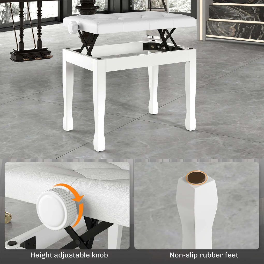 HOMCOM Ławka do Pianina z Regulacją Wysokości, Pianobank z Wyściełanym Siedziskiem z Ekoskóry 64 x 35 x 45-55 cm Biała | Aosom PL