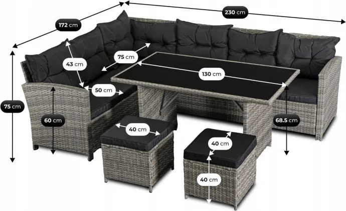 Zestaw Mebli Ogrodowych DALLAS Szary/Czarny Narożnik Pufy Stolik Tarasowy Technorattan Nowoczesny