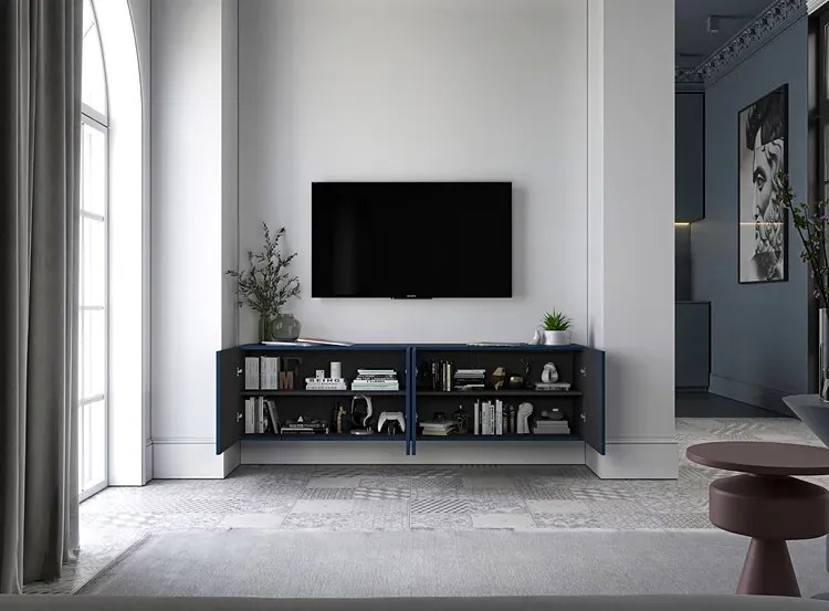 Granatowa wisząca szafka na TV z lamelami - Filo 6X