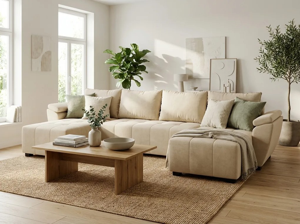 Rozkładana sofa narożna w kształcie U LIVARO 305x140 cm, kremowa