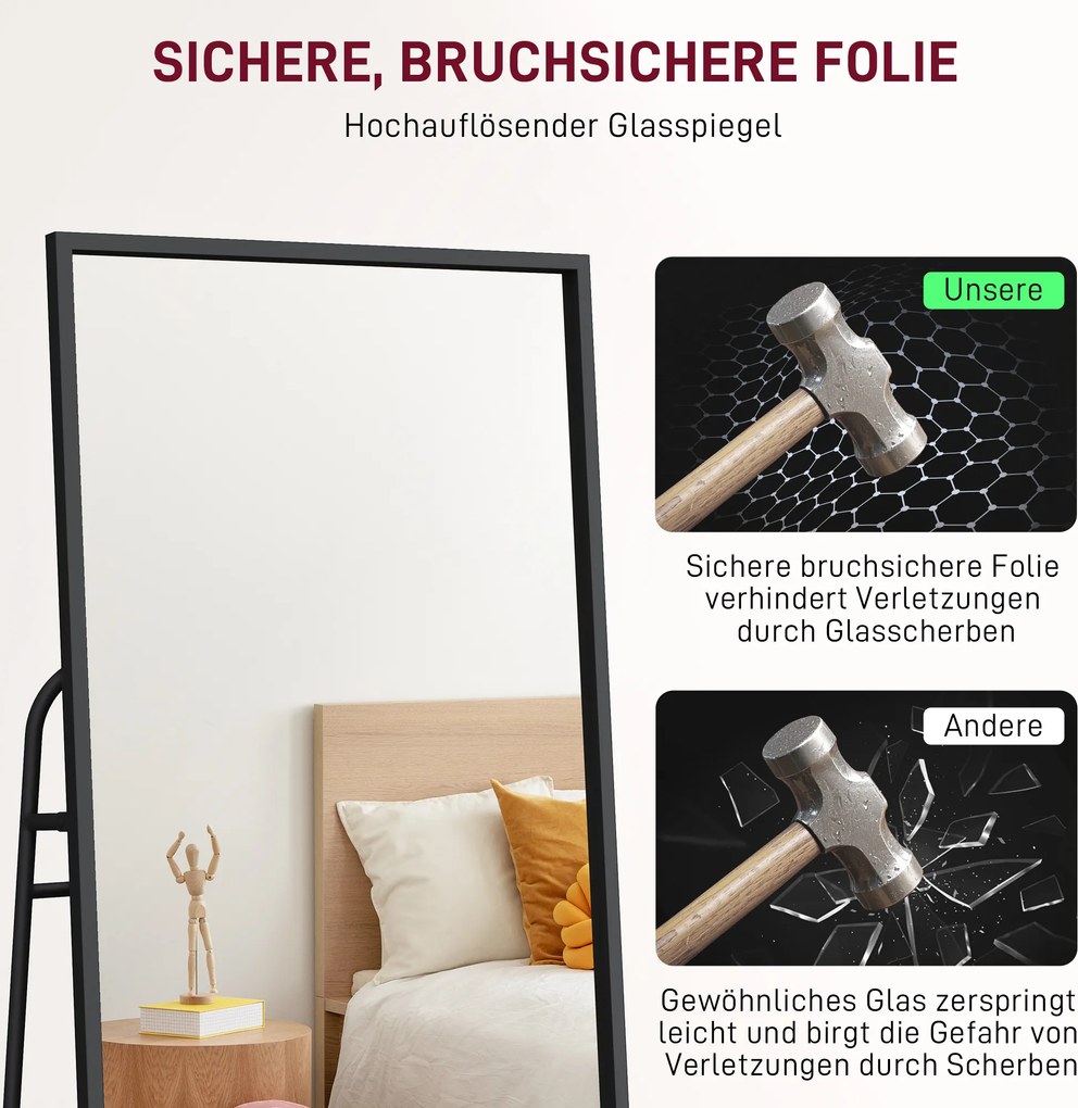 HOMCOM Lustro pełnej długości, design industrialny, tylna półka, 2 haki, metalowa rama, do sypialni, 157 x 50 cm, Czarne