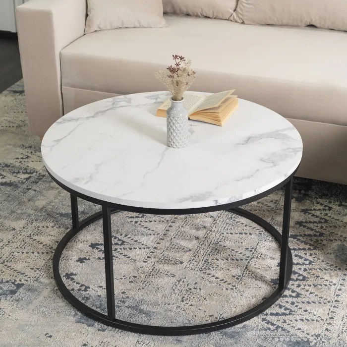 Stolik Kawowy CONNY MAX 80 cm Biały Marmur/Czarny Nowoczesny Glamour