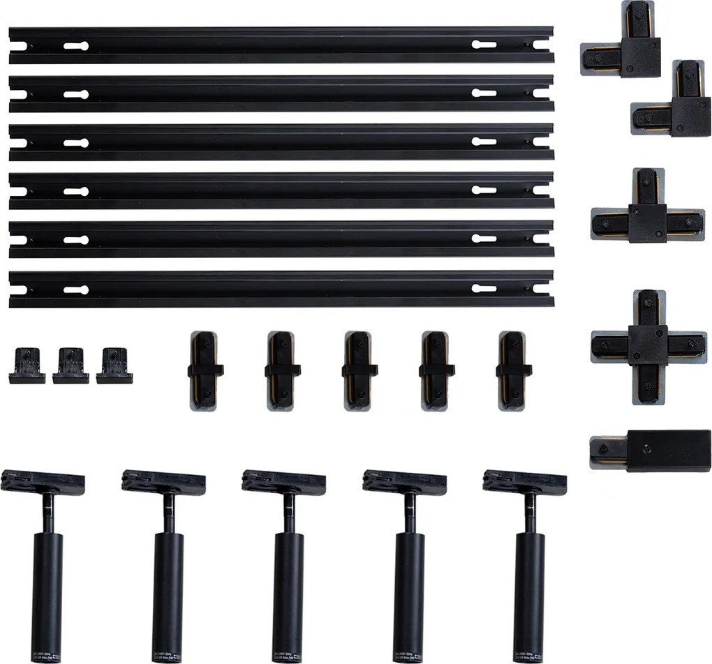 Nowoczesny system oświetlenia szynowego z 5 czarnymi reflektorami jednofazowymi - Iconic Ivy