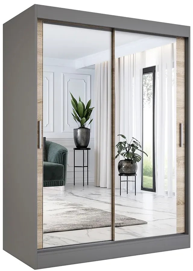 Szafa przesuwna z lustrem 150 cm antracyt + dąb sonoma - Kukkin 4X