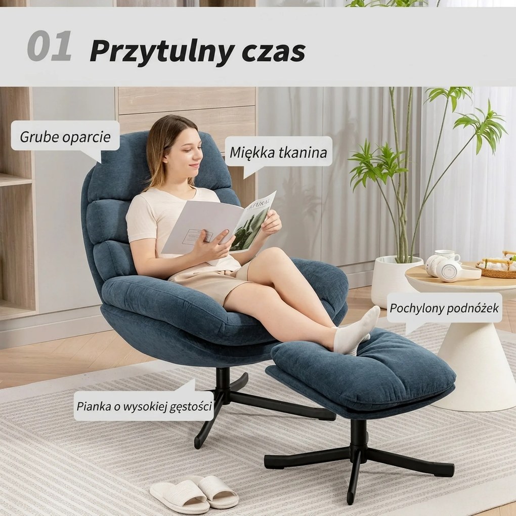 HOMCOM Fotel relaksacyjny z podnóżkiem, lounge z tkaniny chenille, nowoczesny fotel do oglądania TV, 78 x 93 x 100 cm, niebieski
