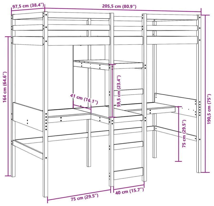 Brązowe łóżko piętrowe z biurkiem z drewna sosnowego 90x200 C8-L74