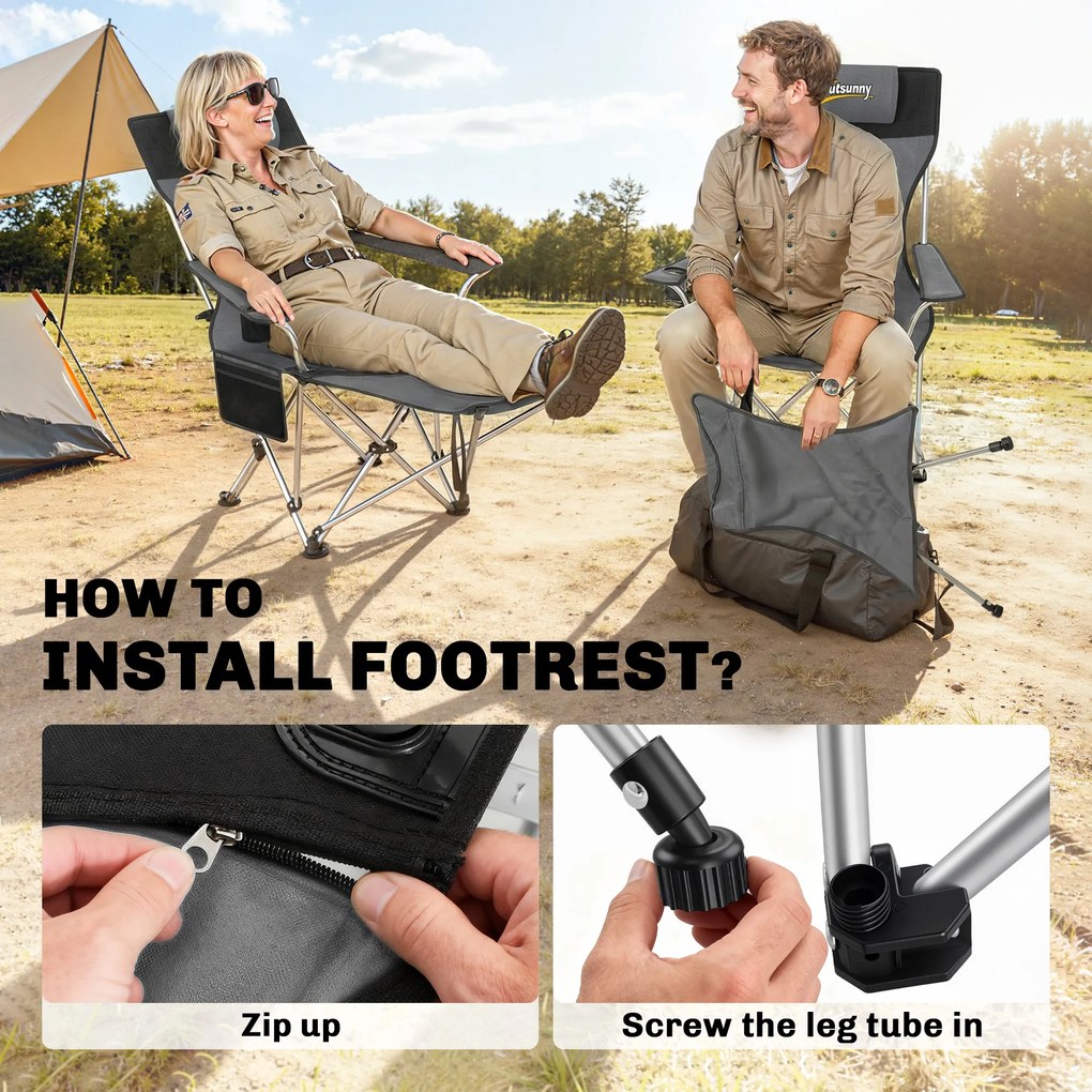 Outsunny Zestaw 2 krzeseł kempingowych składanych fotel wędkarski z odpinanym podnóżkiem uchwyt na napój nośność 120 kg Szary | Aosom PL