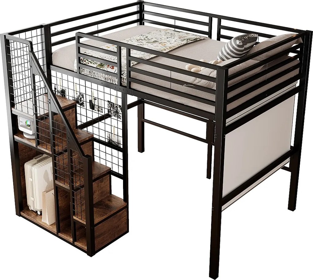Łóżko piętrowe dla dzieci - 140 x 200 cm - rama żelazna - ze schowkiem i schodkami bezpieczeństwa - metalowe - czarne