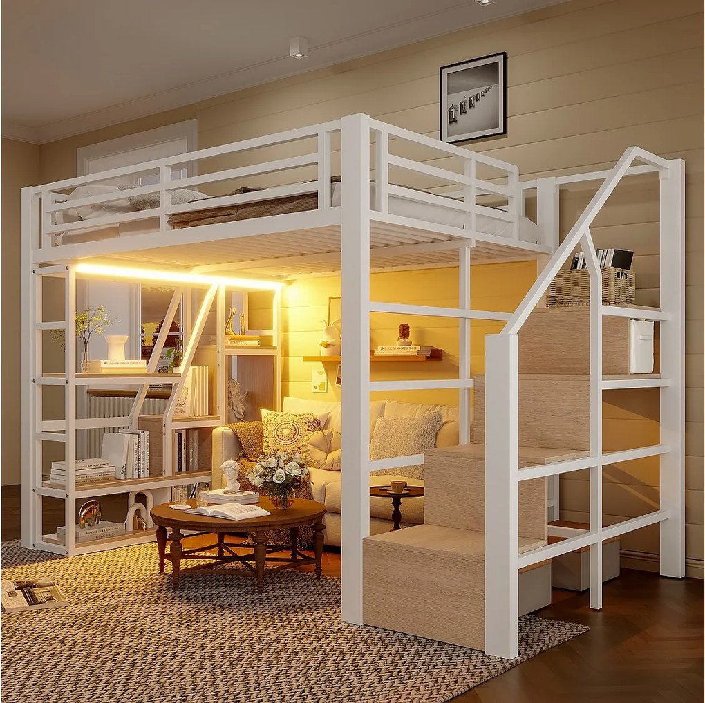 Podświetlana antresola z metalu - 140 x 200 cm - z płytą kuchenną + blatem kuchennym + diodami LED - MDF + metal - biała