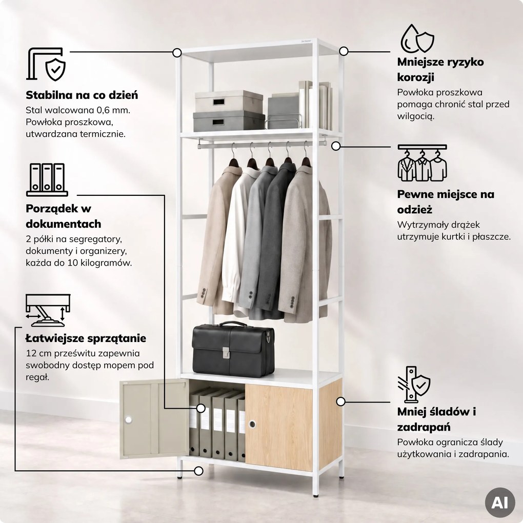Regał biurowy otwarty z drążkiem na ubrania, do recepcji i poczekalni, metalowy, biały/dąb sonoma, 800x2200x400 mm: ARIEL Eco Design