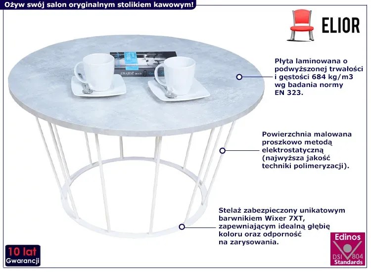 Okrągły stolik kawowy z białym stelażem beton Brisa