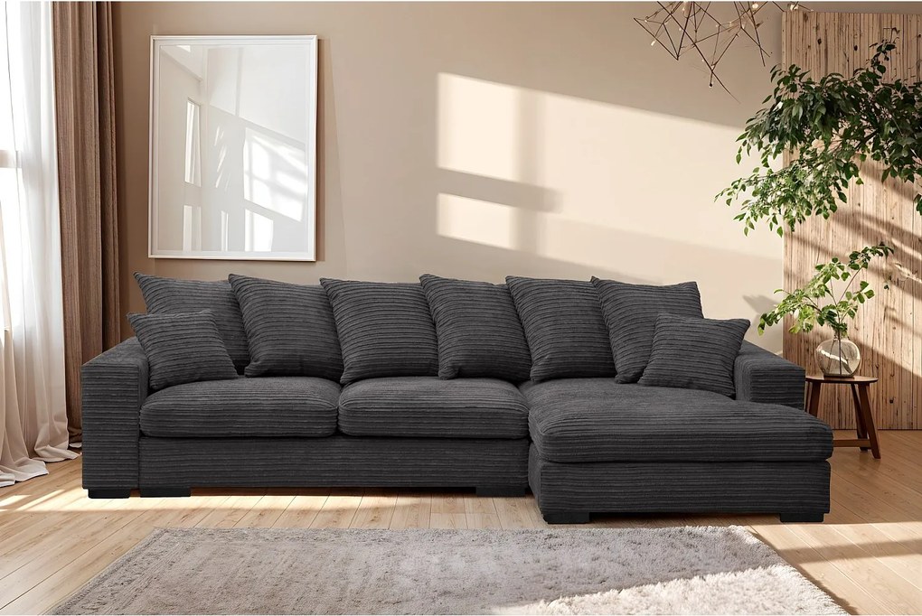 Narożnik z funkcją spania i pojemnikiem, Sofa w kształcie L Gabon L, tkanina Zoom, Grafitowy, Prawy