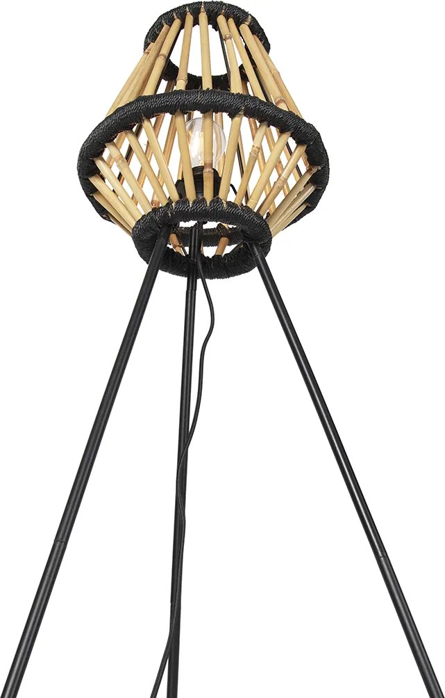 Orientalna lampa podłogowa na trójnogu z bambusa w kolorze czarnym - Evalin