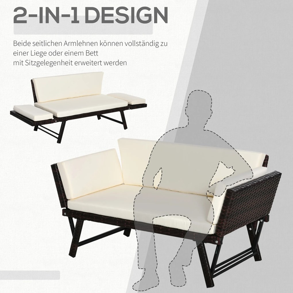 Outsunny Sofa ogrodowa 2-osobowa, technorattan, składane podłokietniki, stal, brązowa, 129x63x67cm | Aosom PL