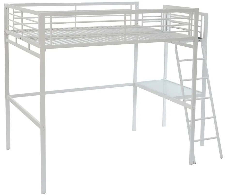 Łóżko z antresolą CASUAL II – 140 × 190 cm – blat biurka – kolor biały, w zestawie z materacem