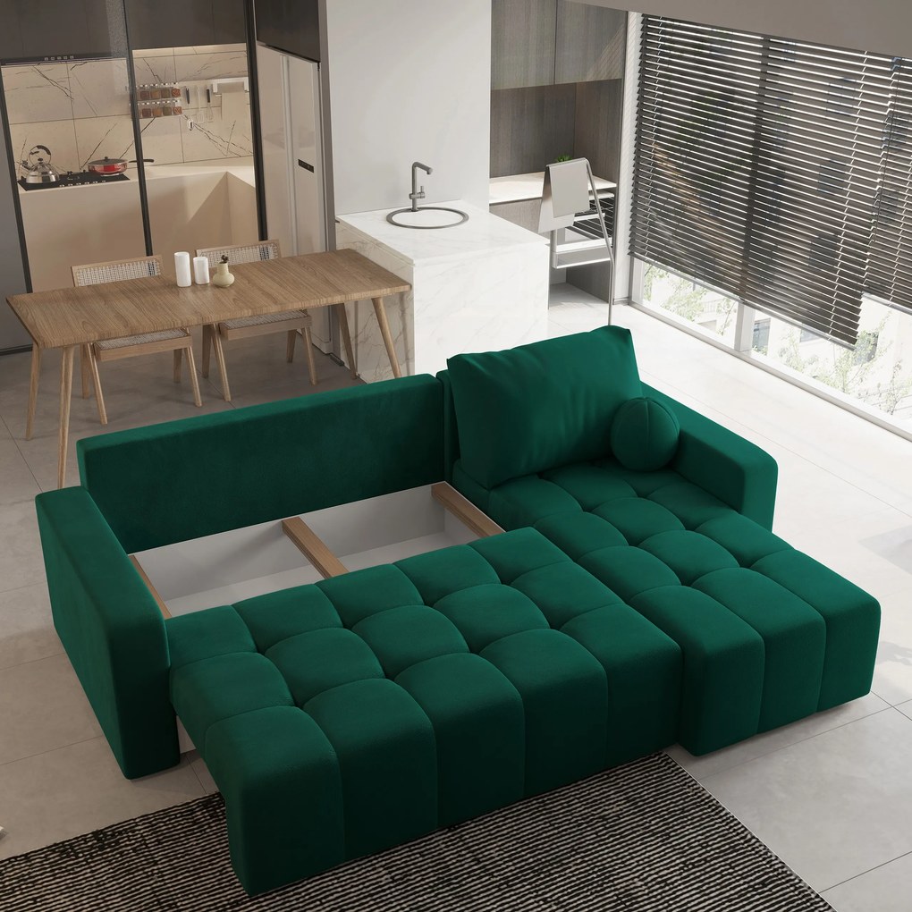 Masseno Narożnik VOLIRA z funkcją spania i pojemnikiem na pościel Narozniki L, Rozkładana sofa - Butelkowa zieleń, KRONOS 19