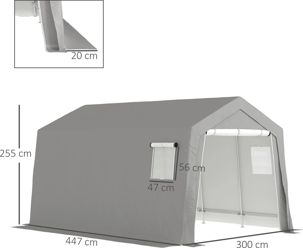 Outsunny Wodoodporny namiot magazynowy z zadaszonym dachem, z drzwiami i oknami 300x447x255 cm, Jasnoszary