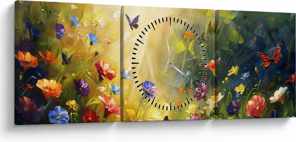 Obraz - Wiosenna łąka kwiatowa, malarstwo (z zegarem) (90x30 cm)