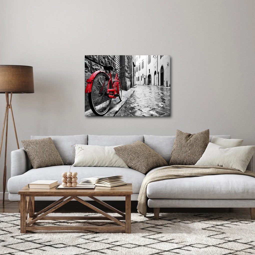 Obraz czerwonego roweru na brukowanej uliczce (70x50 cm)