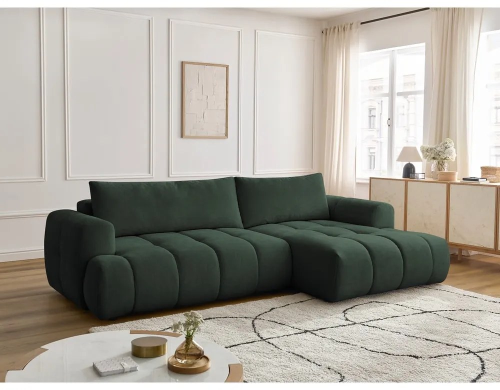 Zielony rozkładany/ze schowkiem narożnik (prawostronny/z szezlongiem) Fuji – Bobochic Paris