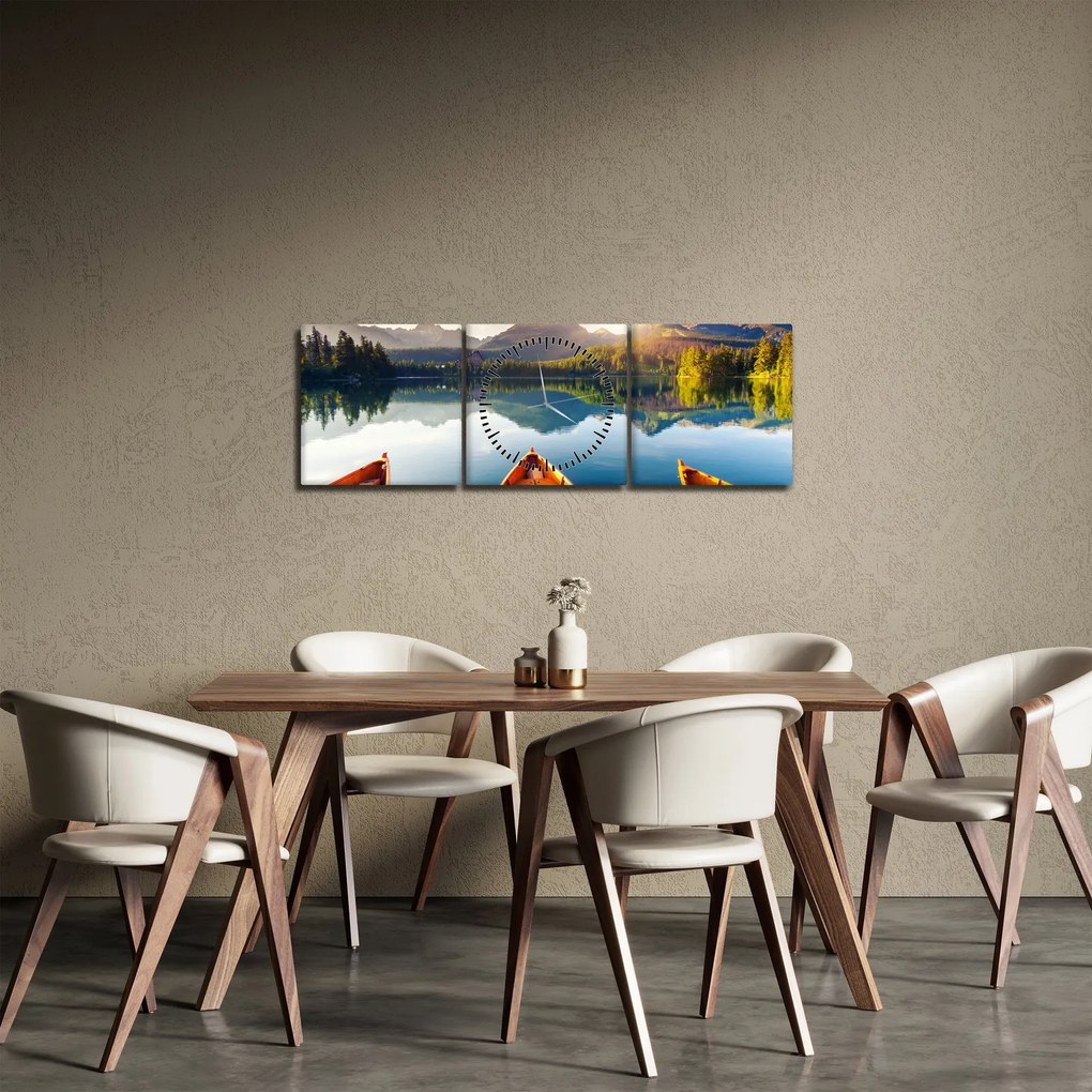 Obraz - Jezioro z łodziami (z zegarem) (90x30 cm)