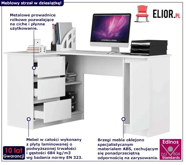 Białe duże biurko narożne lewe z szufladami i szafką S0-M88