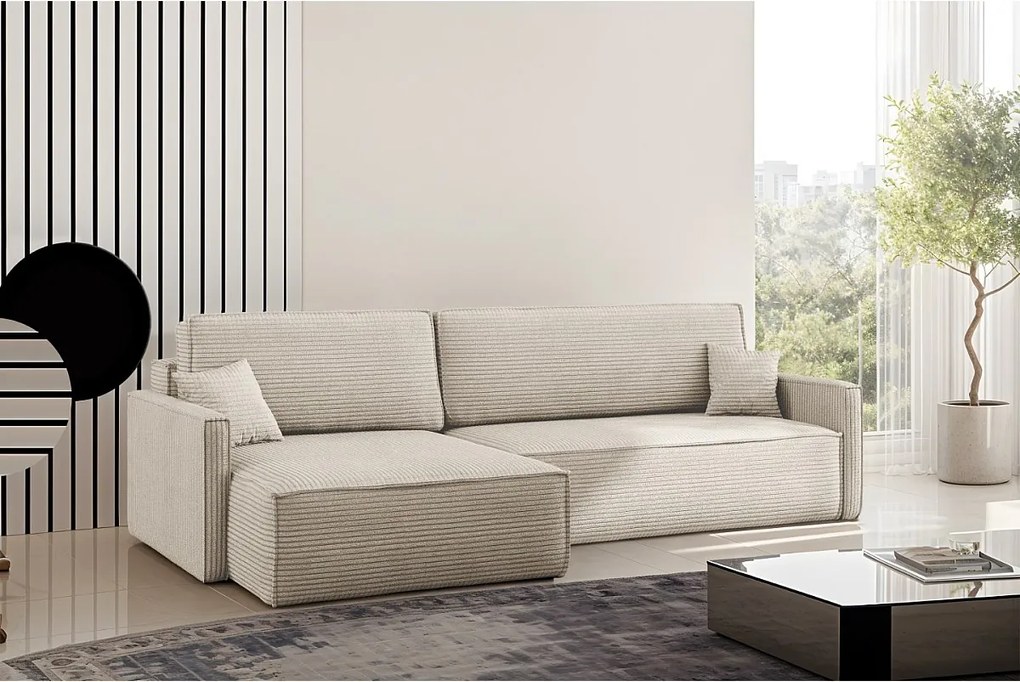 Narożnik z funkcją spania i pojemnikiem w kształcie L Carlos, tkanina Poso, Beżowy, Lewy