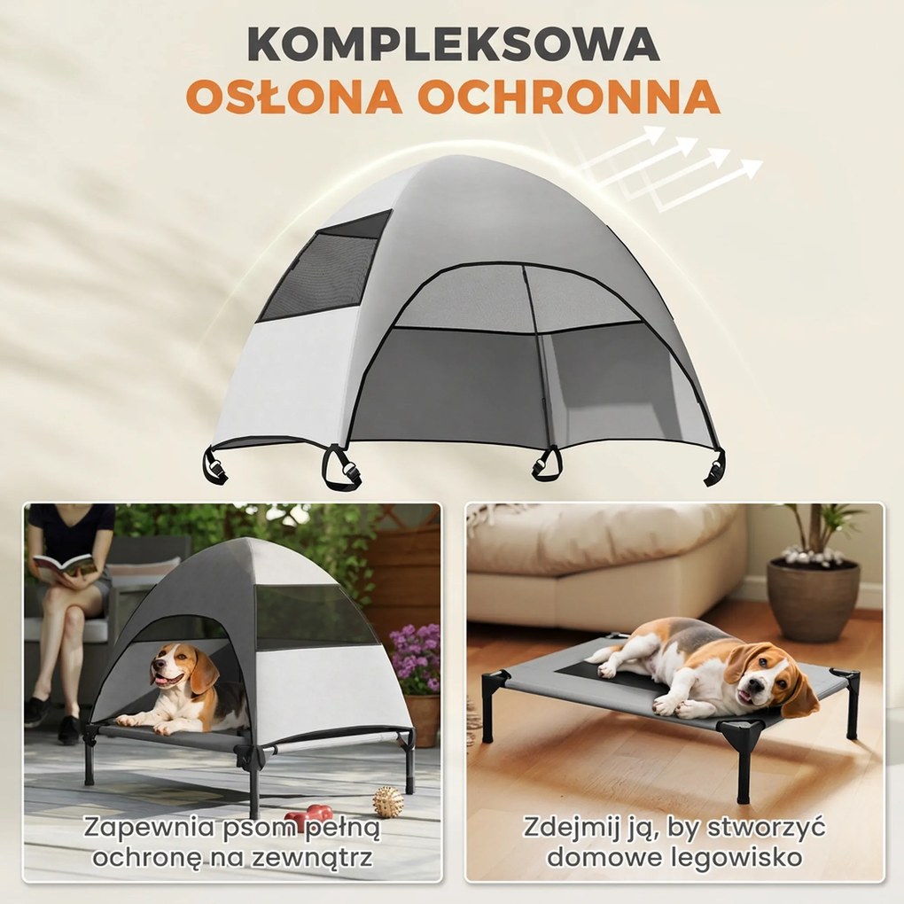 PawHut Leżanka dla Psa na Zewnątrz z Daszkiem, Podwyższone Łóżko dla Psów Średniej Wielkości, 76 x 61 x 71cm, Jasnoszary