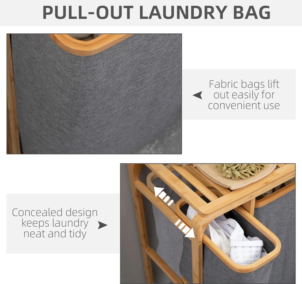 HOMCOM Kosz na Pranie z Bambusa 3 Wyjmowane Kosze Naturalny Szary 50x32x697cm | Aosom PL
