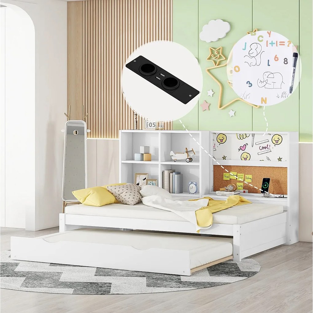 Sofa rozkładana - 90 x 200 cm - wiele miejsc do przechowywania - z portem USB i deską do rysowania - Panel - biały