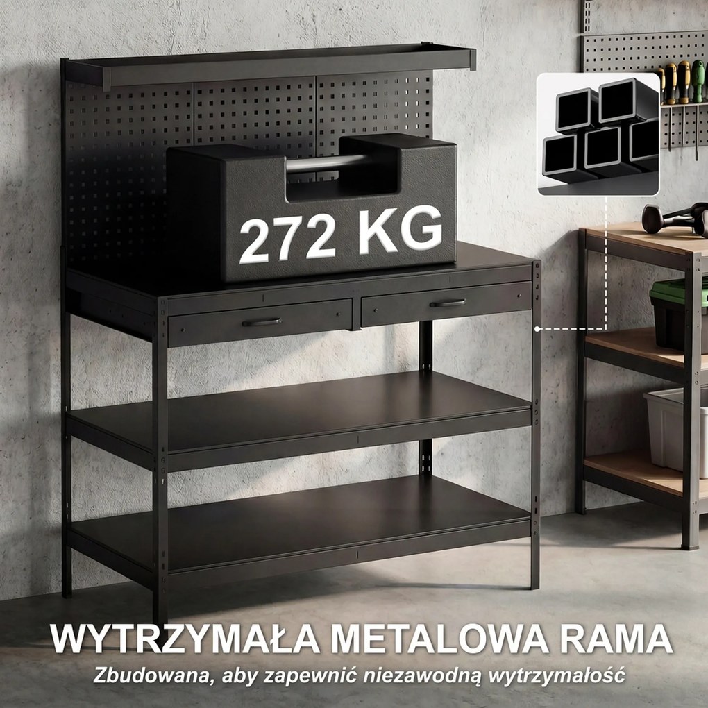 HOMCOM Stacja robocza z regulowanymi półkami, solidna stacja robocza z perforowaną płytą i 2 szufladami, 122 x 61 x 156 cm, Czarna | Aosom PL
