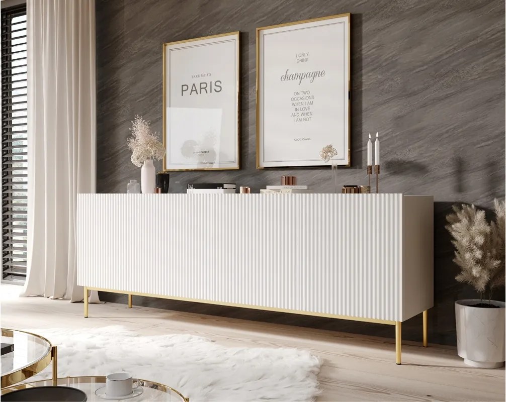 Komoda Nicole 200 cm na metalowych nogach - biały mat / złote nóżki