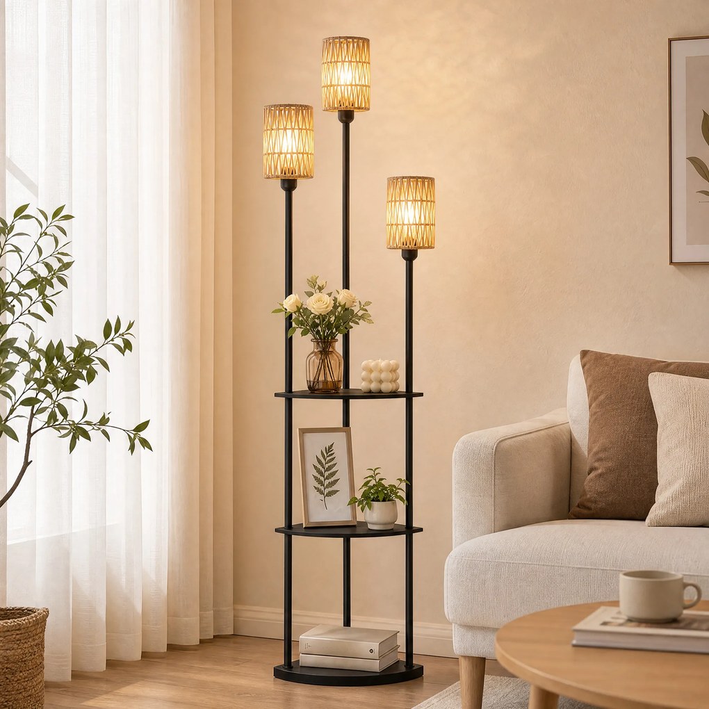 HOMCOM Lampa stojąca Boho 3-płomienna, 3 półki, klosz z papierowego sznura, czarna | Aosom PL