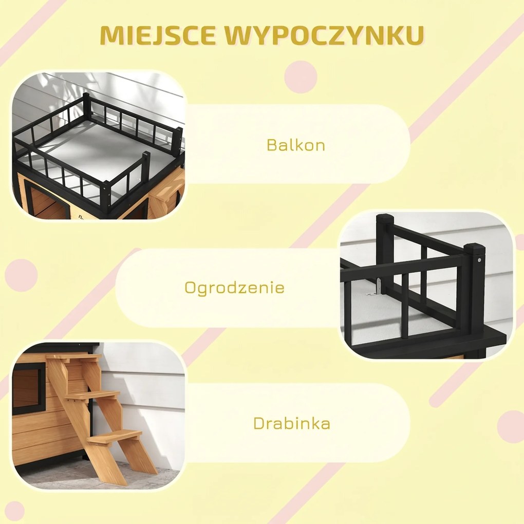 PawHut Drewniany domek dla psa z tarasem odporny na warunki atmosferyczne 121x77x78 cm czarno-żółty | Aosom PL