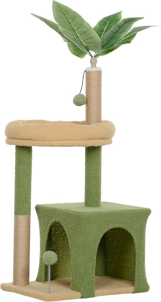 PawHut Drapak 98 cm wysoki drzewko dla kota z kryjówką, legowisko dla kota Wzór z liśćmi, słupki z juty, 2 piłeczki dla kotów do 5 kg | Aosom PL
