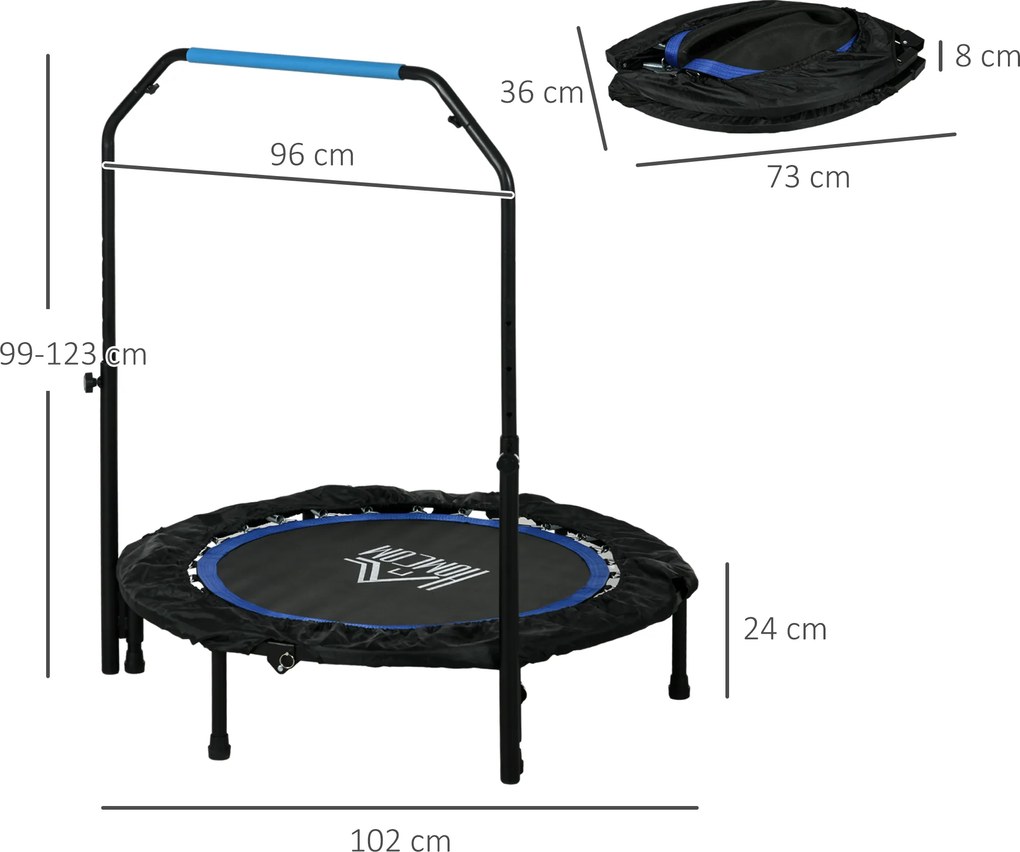 HOMCOM Trampolina fitness, składana, z regulowanym uchwytem, Ø102x123H cm, do 100 kg, Czarna/Niebieska