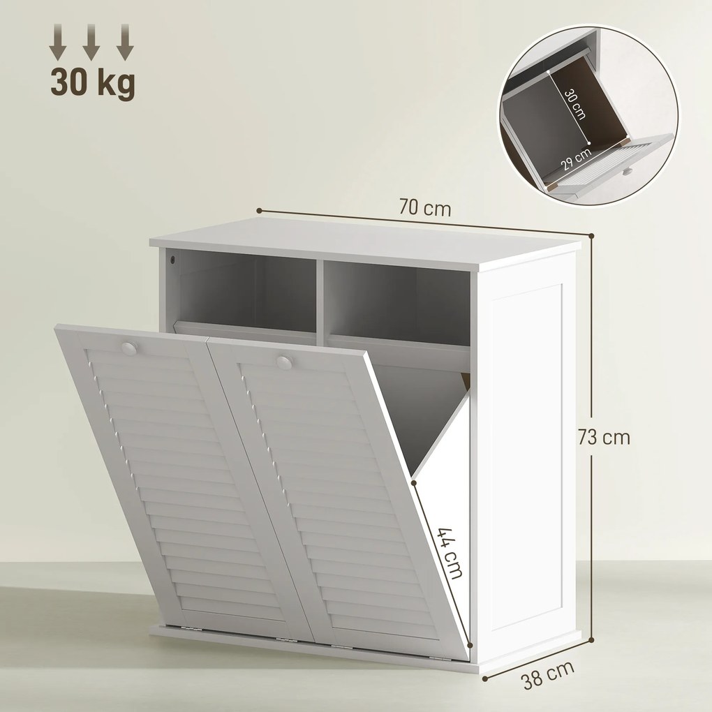 HOMCOM Szafka na Pranie, 2 kosze klapowe na bieliznę, 2 drzwi z lamelami, 70 x 38 x 73 cm, Biały