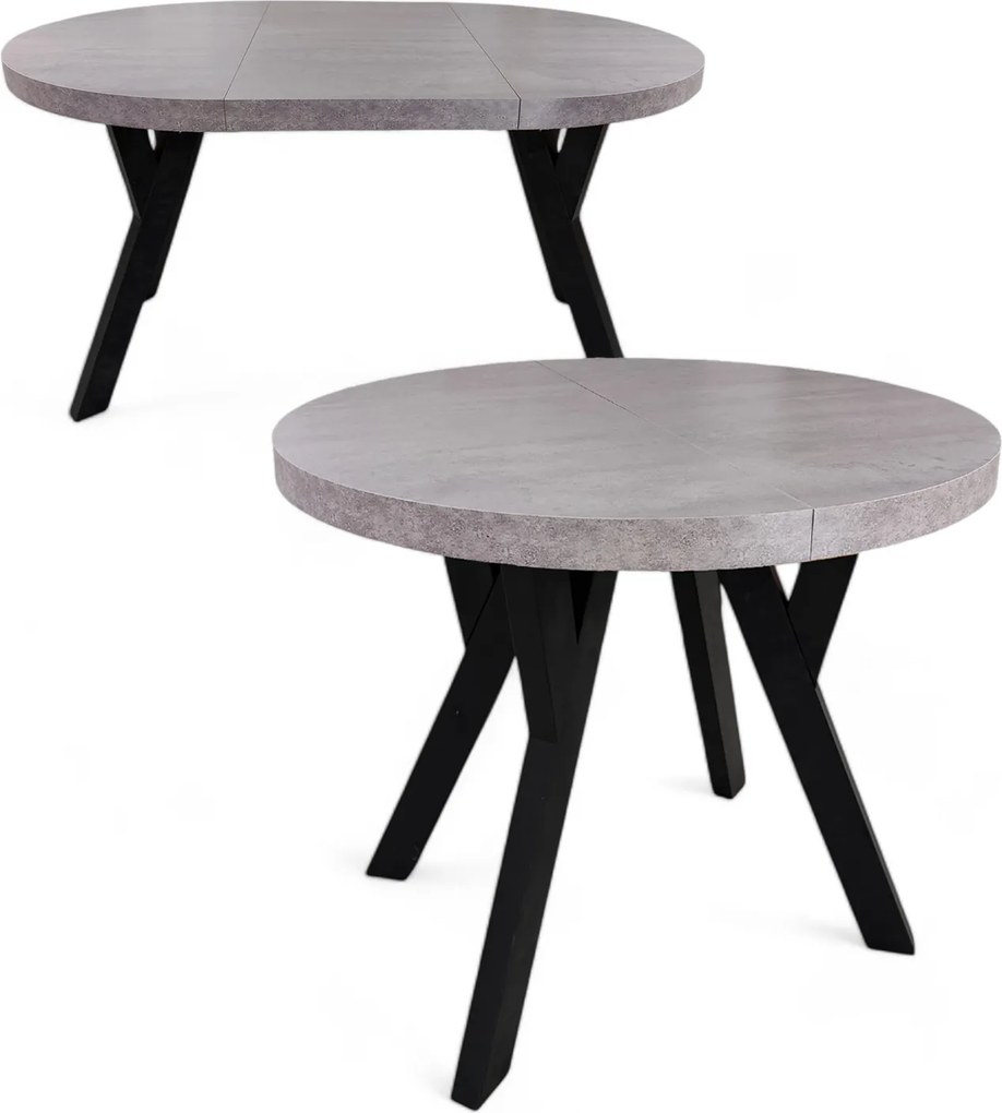 Stół okrągły Ø 80 cm mały rozkładany do 130 cm Czarny + BETON JASNY 6 osób