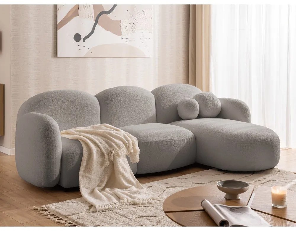 Szary narożnik z materiału bouclé (prawostronny/z szezlongiem) Orbit – Ropez