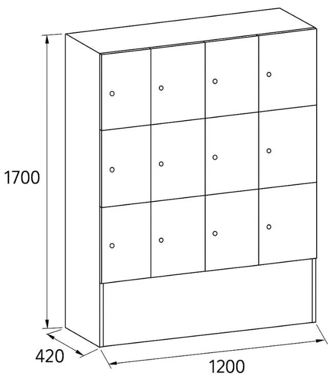 Drewniana szafka skrytkowa, 12 schowków, 1700 x 1200 x 420 mm, zamek cylindryczny, buk