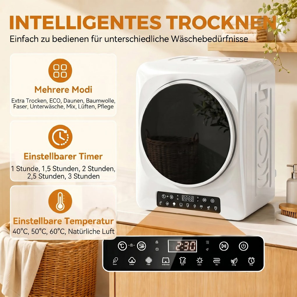 HOMCOM 1000 W kompaktowa suszarka wywiewowa z trybem Extra-suchy i ECO, ustawienia timera i temperatury, Biały | Aosom PL