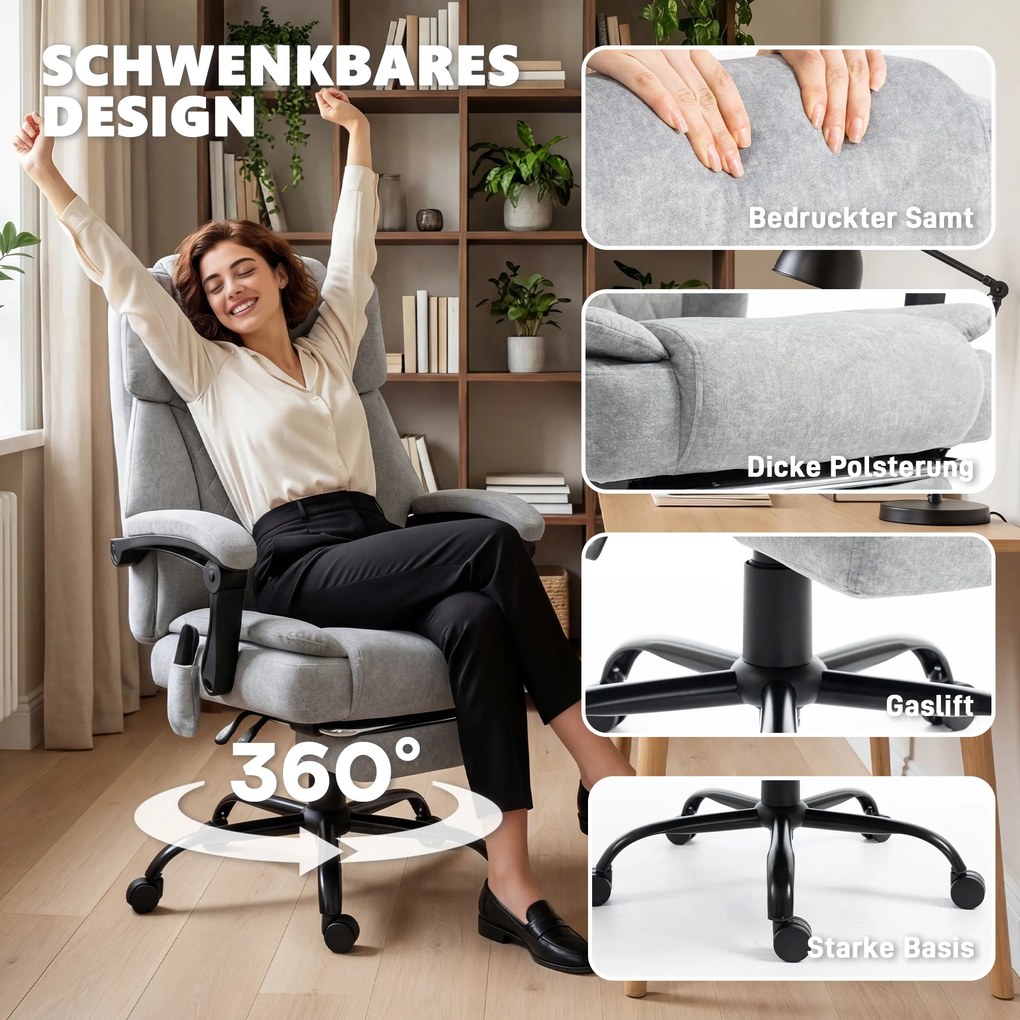 HOMCOM Fotel biurowy z wysokim oparciem, masażem wibracyjnym, funkcją podgrzewania, regulowanym oparciem, podnóżkiem, pilotem, szary | Aosom PL