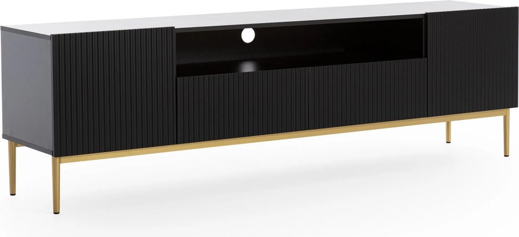 Szafka RTV Nicole 200 cm z wnęką i szufladami - czarny mat / złote nóżki