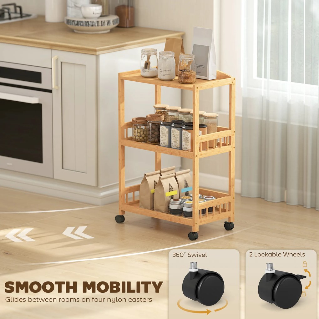HOMCOM Wózek kuchenny na kółkach z 3 poziomami, wózek serwisowy z miejscem do przechowywania, regał kuchenny na kółkach, do kuchni, łazienki, biura, naturalne drewno | Aosom PL