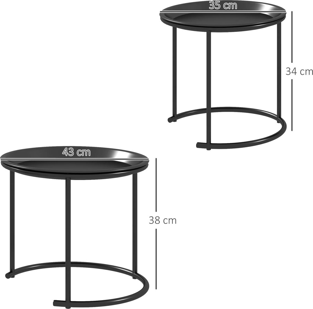 HOMCOM Zestaw 2 metalowych stolików pomocniczych, przesuwane jeden w drugi, blaty działają jako tace, Czarny