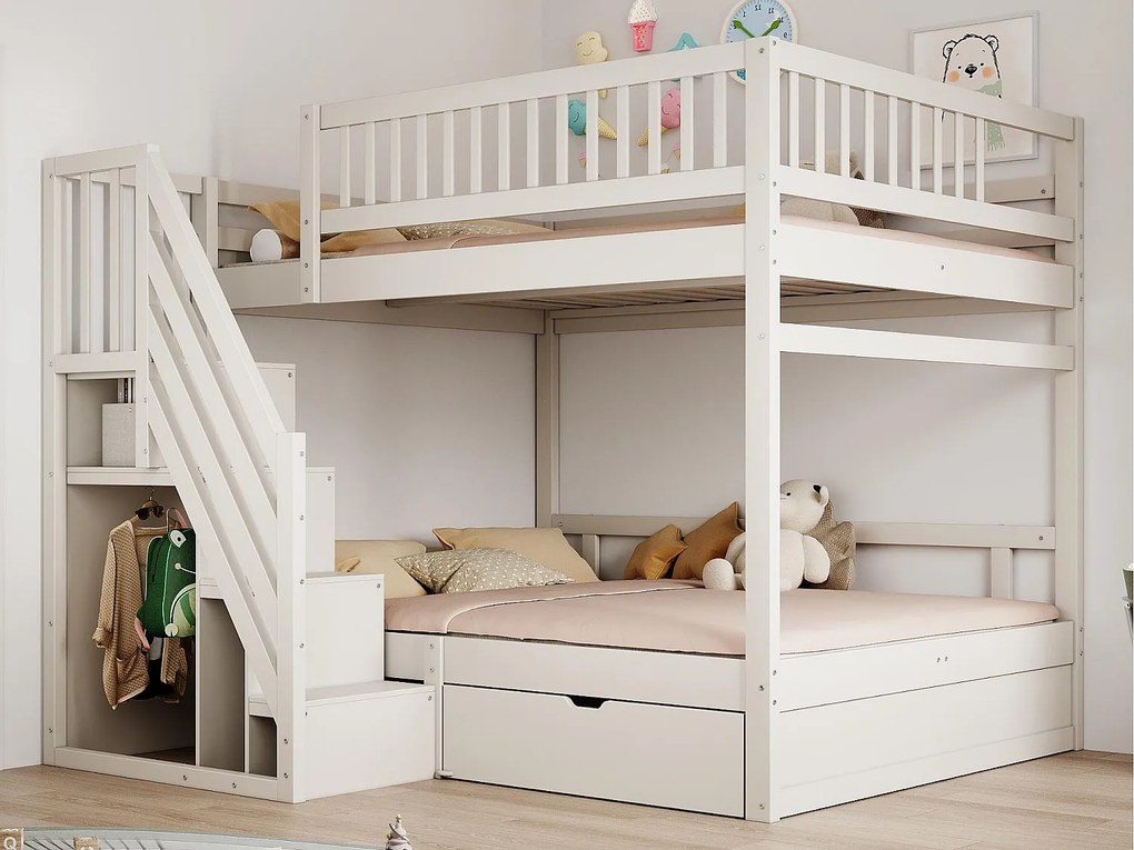 Łóżko piętrowe 140x200cm - z drabinką bezpieczeństwa - z 1 szufladą - z stelażem na listwach - białe (materac nie wliczony)