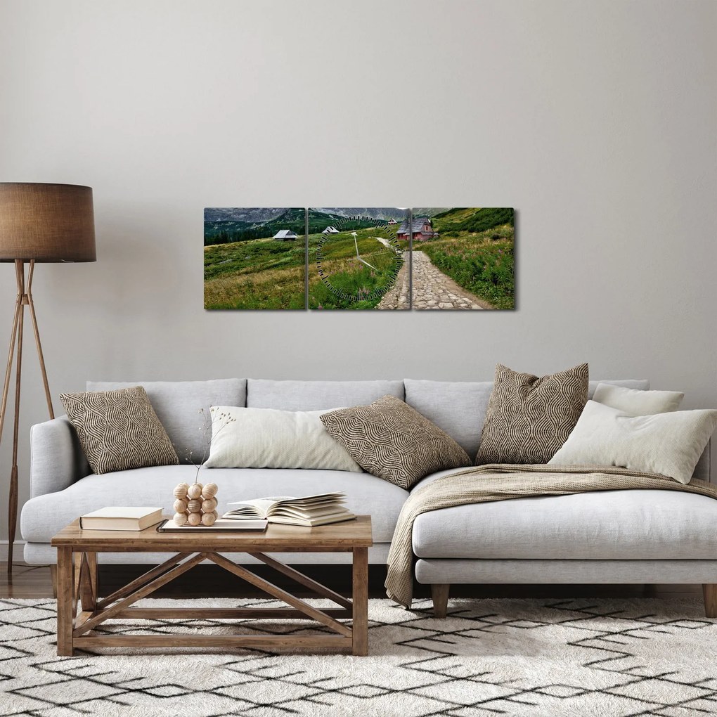 Obraz - Krajobraz górski z domami (z zegarem) (90x30 cm)