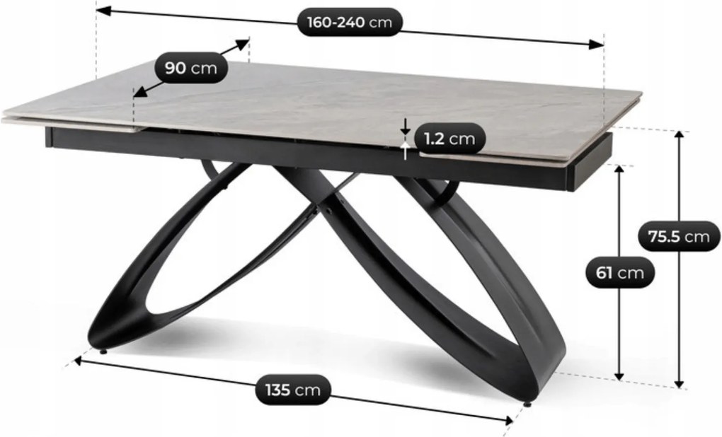 Stół Rozkładany Prostokątny LUIGI 160-240 cm Ceramiczny Szary Marmur/Czarny do Jadalni Nowoczesny